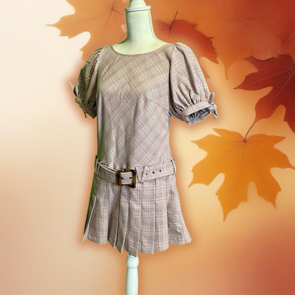 NWOT Free People ‘Sevi’ Plaid Belted Mini Dress in “Gray & Pink Combo” Sz Small - Picture 6 of 16